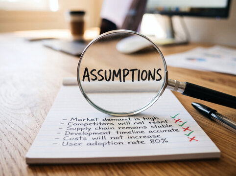 A Magnifying Glass Focusing On The Word Assumptions Above A Handwritten List Of Business Conditions On A Notepad