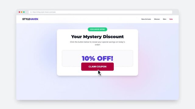 Engaging website pop up offers a surprise 50 discount to online shoppers with a clickable claim coupon button.