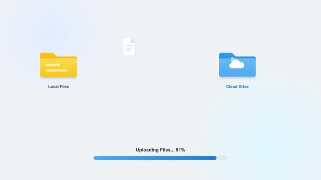 Digital files migration from local storage to cloud drive showing upload progress at 99 percent completion