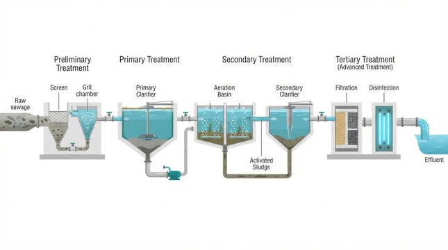 The steps involved in wastewater treatment including preliminary, primary, secondary, and tertiary treatments.