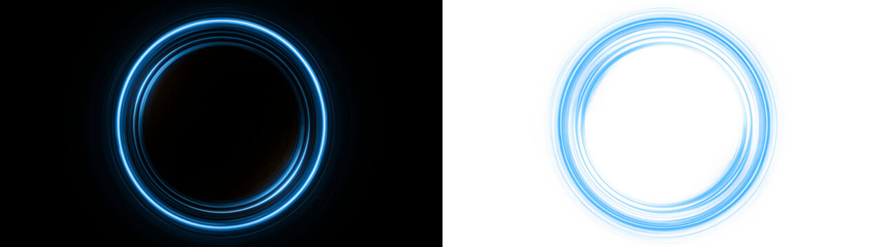 Glowing blue neon circle frame on black and transparent background. Futuristic portal light effect and luminous swirl trail overlay