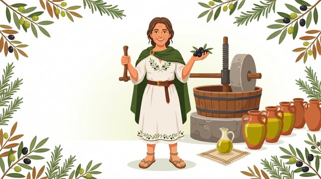 Landscape banner illustration of rural woman pressing olives with traditional mill and amphora jars