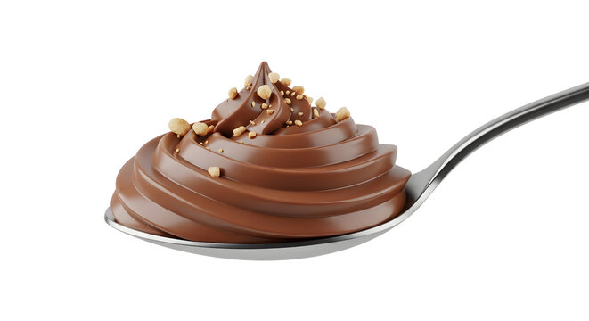 Creamy chocolate hazelnut spread on a metal spoon with crushed nuts topping