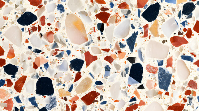 Top view of colorful terrazzo surface with a mix of red, blue, and neutral stones, creating a vibrant and textured pattern.