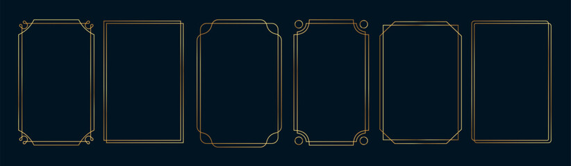Naklejka premium Luxury Thin Gold Frame Set. Elegant Geometric Borders with Shiny Rectangle, Square and Oval Frames in Art Deco Style. Golden Linear Brass Outline Bundle for Wedding Invitations, Certificates, Logos.
