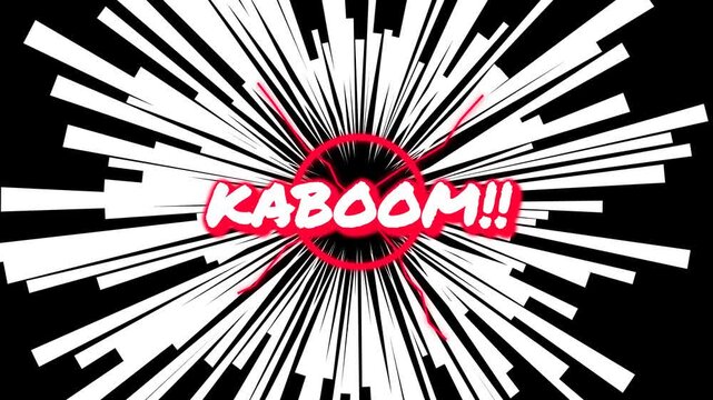 Kaboom comic text graphic with motion lines radiating outward in this high energy digital video animation for creative media projects