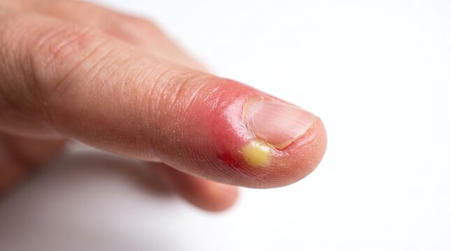 Close-up of Acute Paronychia and Pus Blister Infection on Fingertip Near Nail