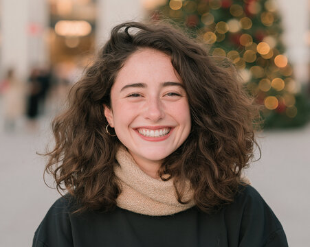 Close Up Portrait of Cheerful Woman with Snood Scarf Outdoors with Christmas Tree Bokeh