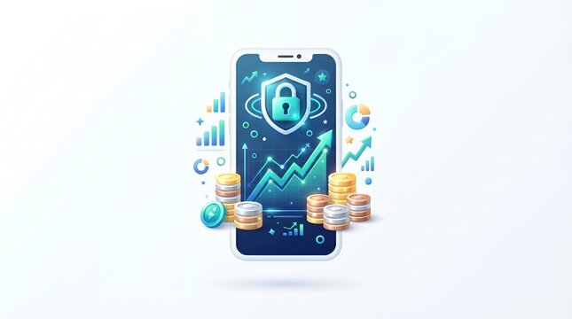 Smartphone showing digital security shield and financial growth charts with gold coins