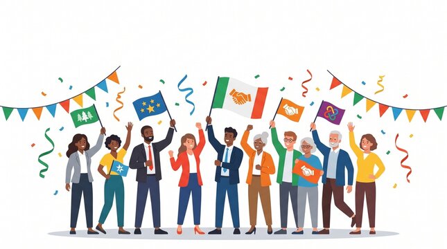 Diverse group of people celebrating with international flags and festive party decorations