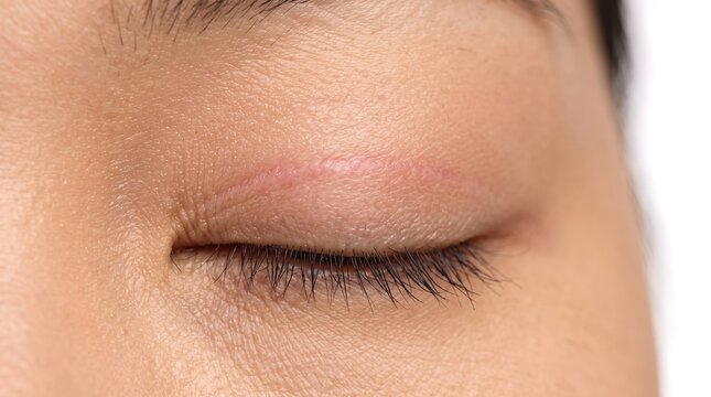 Close-up of Upper Eyelid Blepharoplasty Incision Scar on Closed Asian Eye