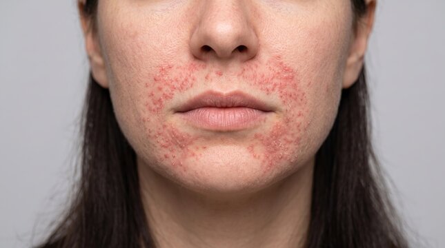 Perioral dermatitis with red papules and rash around mouth on woman face