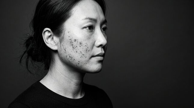 Black and white portrait of Asian woman with severe facial acne and blemishes
