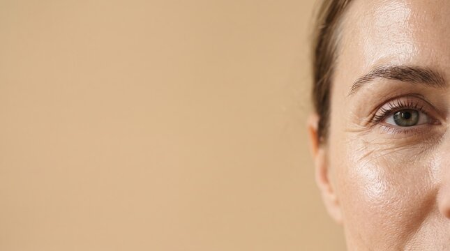 Cropped View of Mature Woman Eye with Crow's Feet Wrinkles and Glowing Skin
