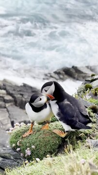 Atlantic Puffins Resting on the Grass in Mykines, Faroe Islands
