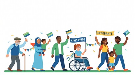 Fototapeta premium Diverse group of people celebrating community event with flags and banners
