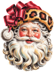 Naklejka premium Jolly Santa Claus with leopard print hat and red satin bow portrait