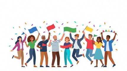 Obraz premium Diverse group of happy people celebrating with colorful flags and confetti on white background