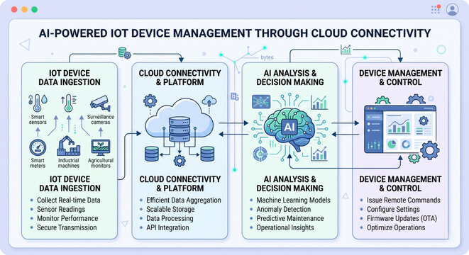 Infographic on IoT device management, provisioning, firmware updates, cloud control, and security monitoring.