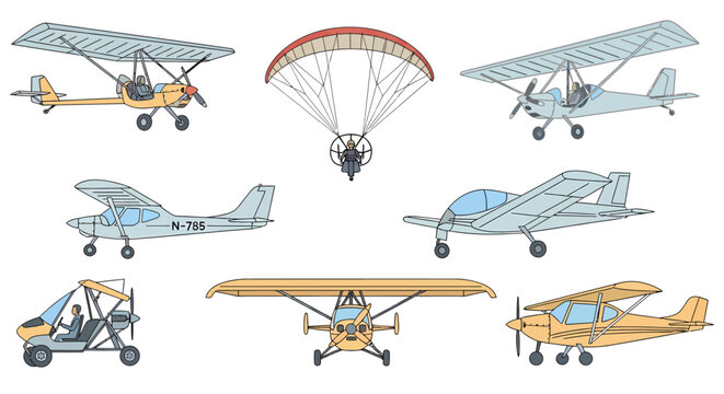 A collection of seven different styles of light aircraft and a paraglider illustrated on a white background
