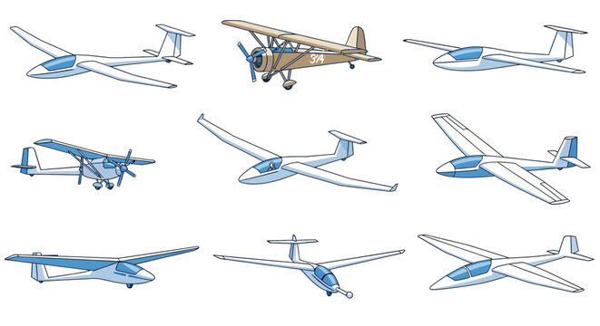 A grid of nine illustrated aircraft including various gliders and two propellerdriven planes on a white background