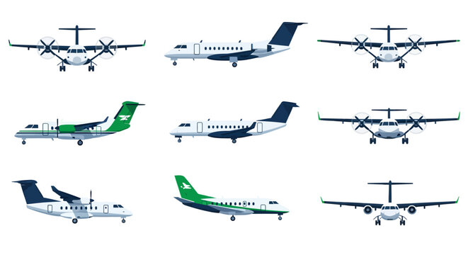A grid of nine illustrations showing various regional propeller aircraft in side and front profile views