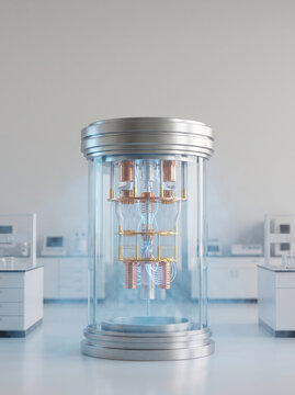 Futuristic transparent quantum computer processor in a modern laboratory