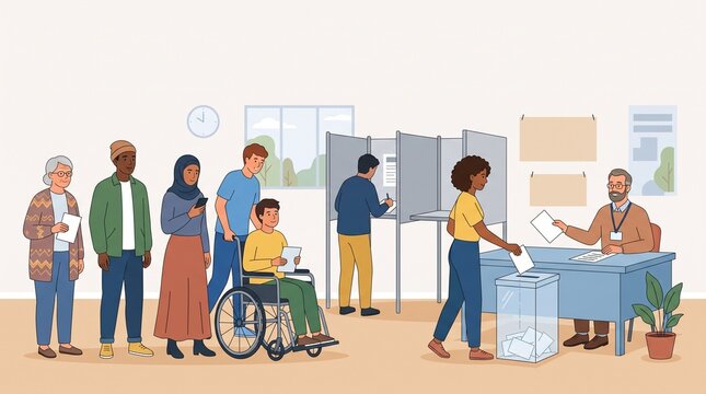 Diverse group of citizens waiting in line to vote at a polling station during an election.