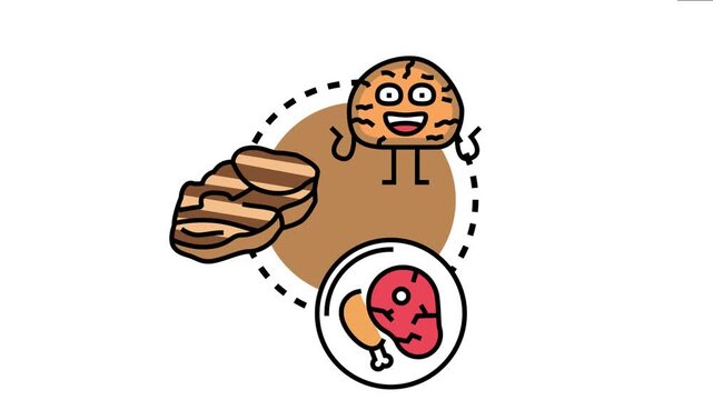 Digital artwork a marketing agency specializing in bar and grill businesses, featuring a cheerful burger character with stylized grilled meat and poultry dishes