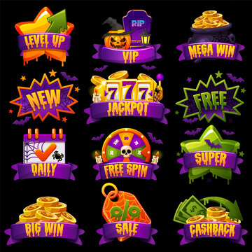 Halloween Casino Game UI Icons Set with Jackpot, Bonus, Free Spin and Rewards