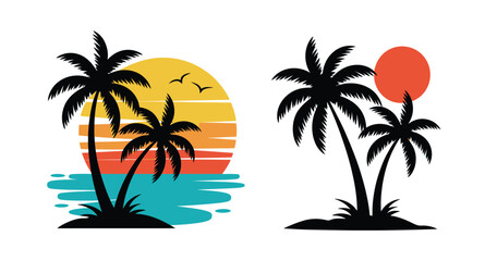 Fototapeta premium Island sunset beach vector illustration, peaceful tropical landscape with glowing sun, moon, water reflections and serene scenery for travel, T-shirt and wall art designs.
