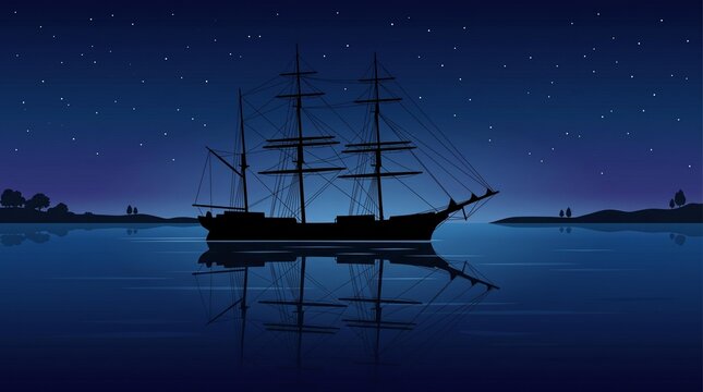 Columbus day sailing ship silhouette under starry night sky