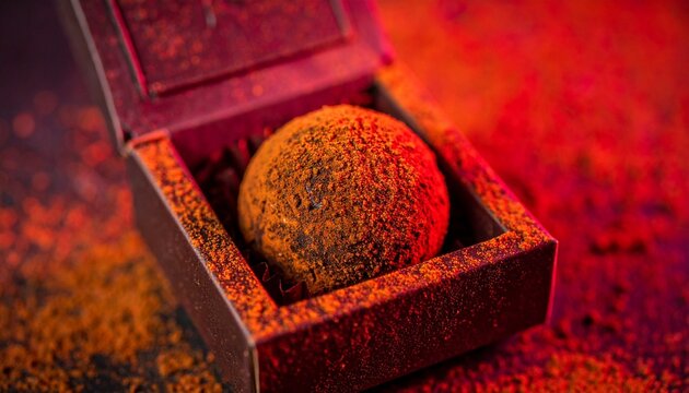 Cocoa dusted chocolate truffle in an open gift box with dramatic red