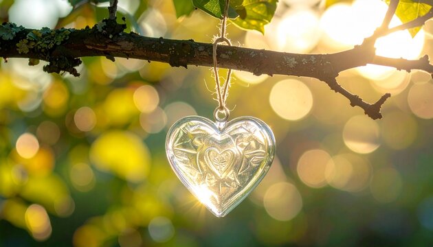 Glass heart ornament hanging from a tree branch in golden sunlight, a