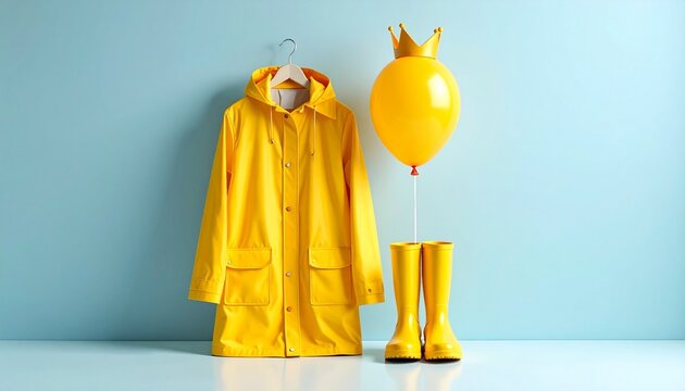 Yellow raincoat and rubber boots with crown balloon on blue