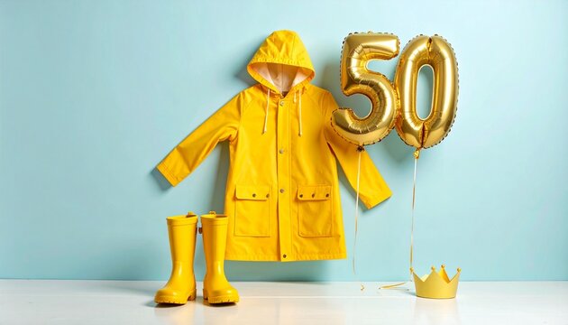 Yellow raincoat and boots with golden 50 balloons and crown for a