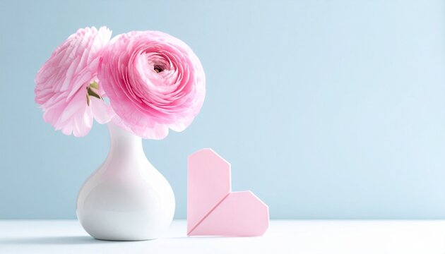 Pink ranunculus flowers in a white vase with a paper heart for a