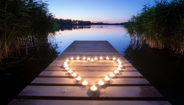 Heart-shaped candle arrangement on a wooden pier beside a tranquil