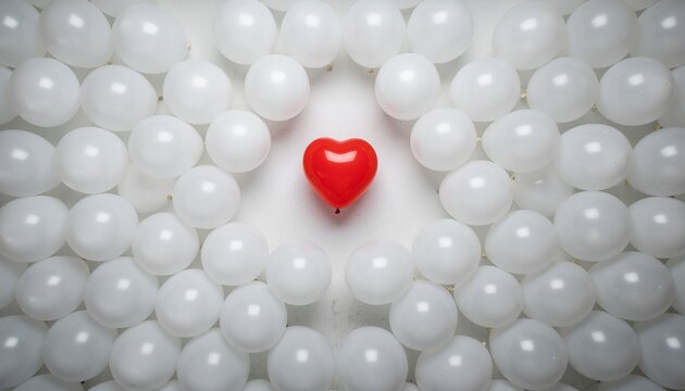 Red heart balloon surrounded by white balloons for Valentine&rsquo;s Day