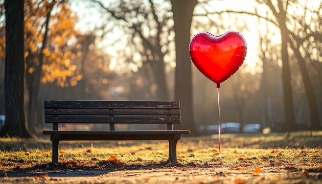 Red heart balloon beside an empty park bench in warm autumn sunlight,
