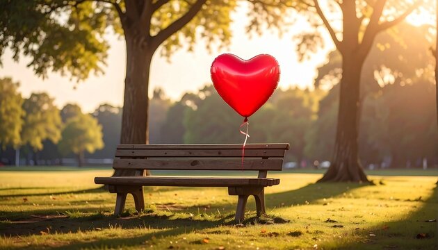 Red heart balloon above a park bench at golden sunset, romantic