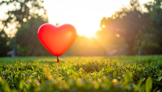 Red heart balloon glowing in a sunny park at sunset, romantic