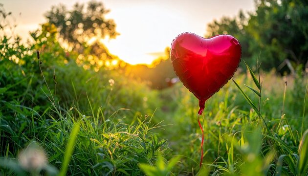 Red heart balloon in a sunlit meadow at sunset, symbolizing love and