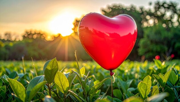 Red heart balloon glowing at sunset above green leaves, a romantic