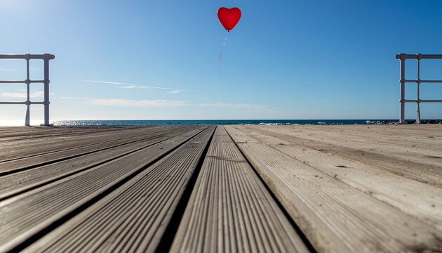 Red heart balloon floating above a wooden seaside boardwalk under