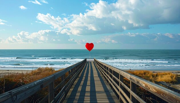 Red heart balloon on a wooden boardwalk overlooking the ocean, a