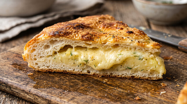 Slice of Freshly Baked Georgian Khabizgina Flatbread Stuffed with Mashed Potato and Melted Cheese Close-Up