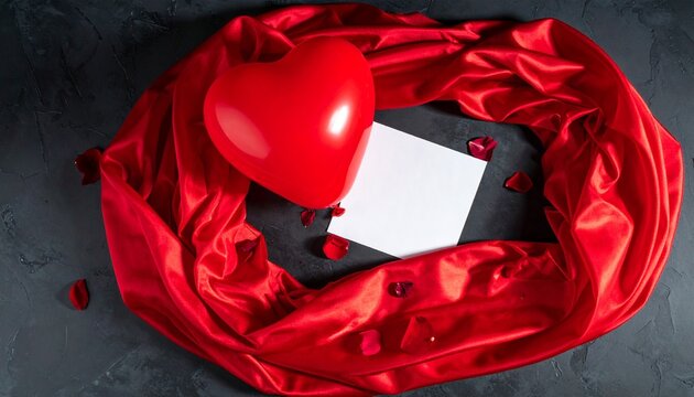 Red heart balloon, blank greeting card and rose petals framed by red