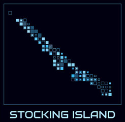 Obraz premium Stocking Island digital style map. Large square dots on dark background. Dotted shape of the island. Vector map and title. Vibrant vector illustration.