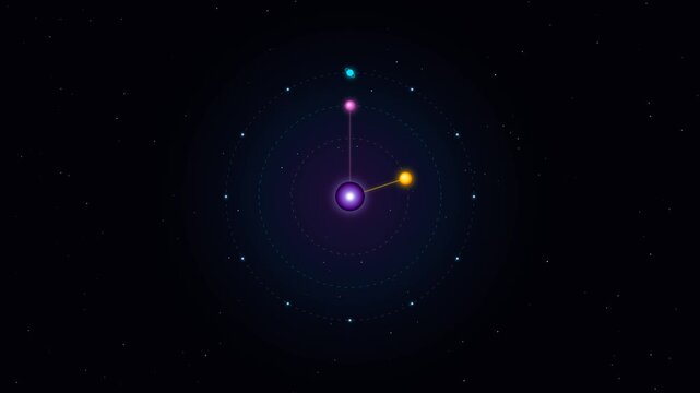 Cosmic clock animation showing planetary motion and celestial orbits spinning in deep space through this seamless digital motion loop footage